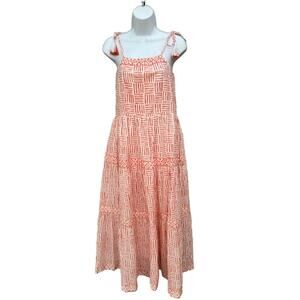 Marea Orange Abstract Print Boho Tiered Maxi Dress Tassel Straps Smocked Back XS